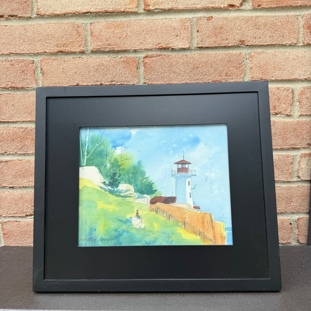 George Wervey Watercolor Painting 15x13 Signed Original Blue Lighthouse Ohio Art